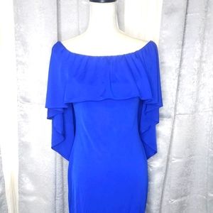 Royal Blue unique knee length dress with built-on shoulder cape. Very beautiful.